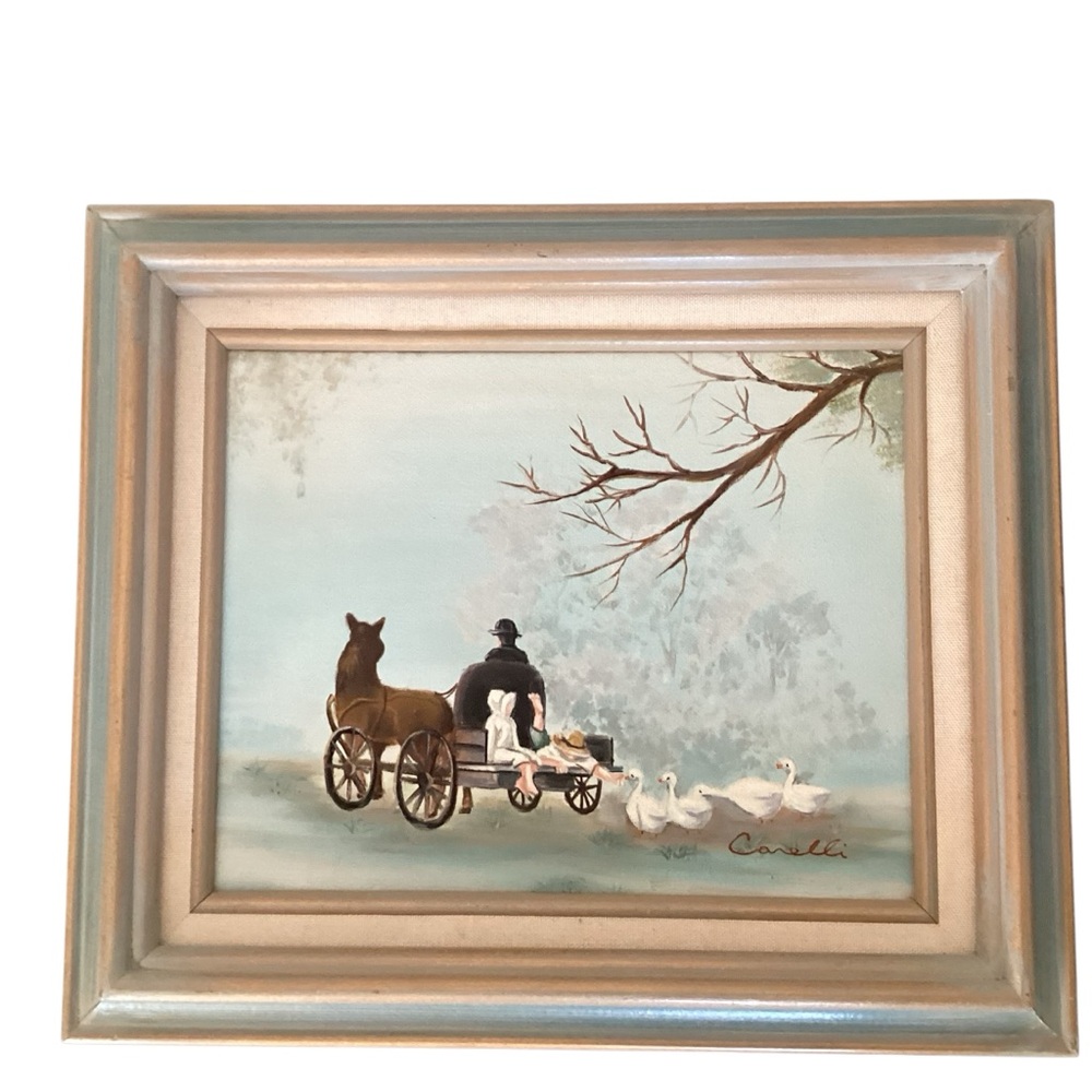 Vintage Framed Amish Horse Carriage Painting